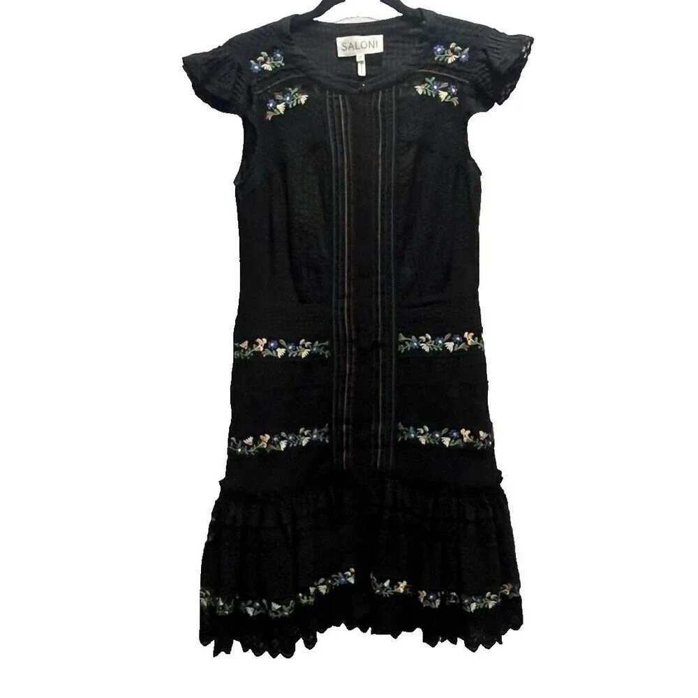 SALONI Bea Pintuck Ruffle Cap Sleeve Embroidered Cotton Mini Dress Size 4 ** - Picture 5 of 12